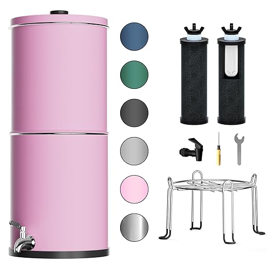 Purewell 3-Stage 0.01μm Ultra-Filtration Gravity Water Filter System, NSF/ANSI 42&372 Certification, 304 Stainless Steel Countertop System with 2 Filters and Stand, Reduce 99% Chlorine, 2.25G, PW-OB