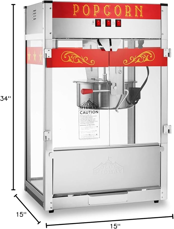 Olde Midway Commercial Popcorn Machine Maker Popper with Extra Large 16-Ounce Kettle - Red