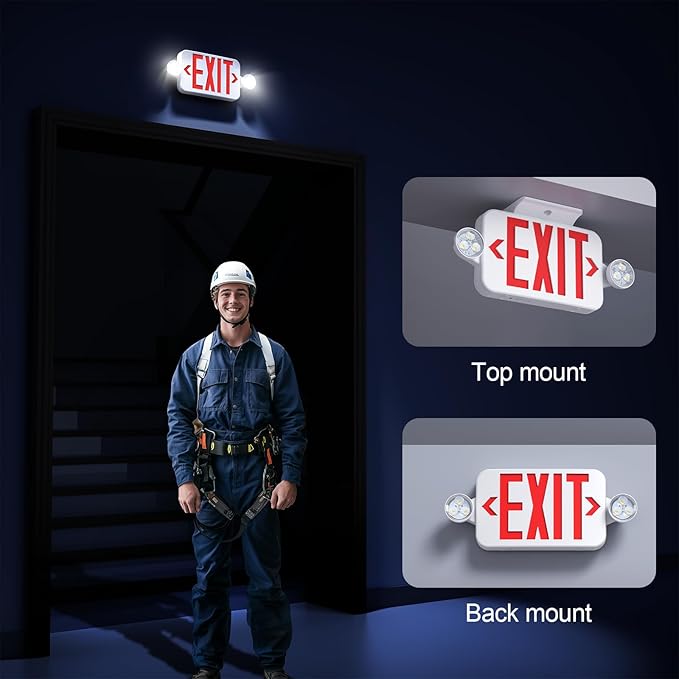 Led Exit Sign Emergency Light Combo Adjustable Two Head,Double Sided and Battery Backup Exit Light,Red Letter Hardwired Emergency Exit Sign,AC 120/277V,UL Listed,Ceiling&Wall Mount (1 Pack)