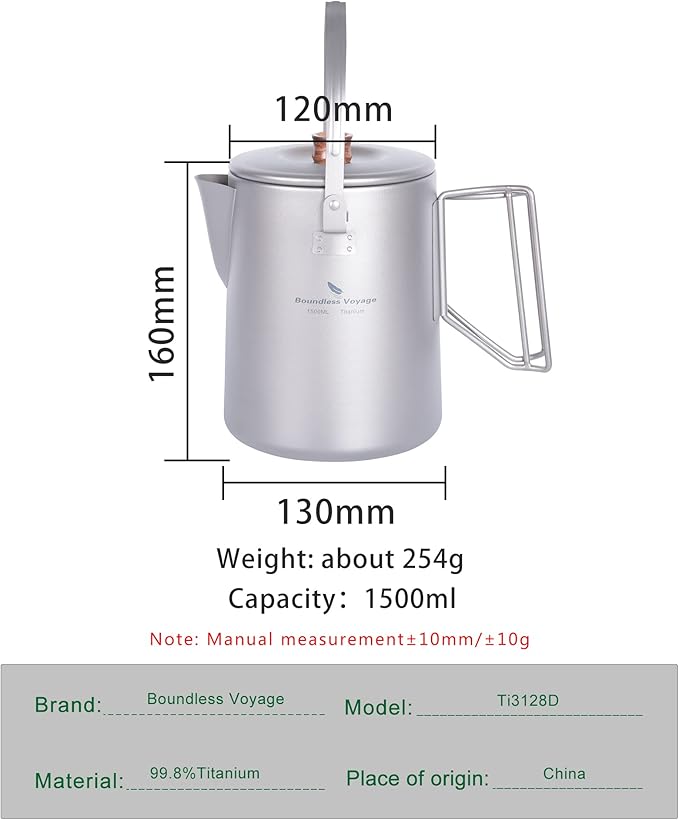 Boundless Voyage Titanium Camping Coffee Pot 1.5L Barista Kettle for Making Coffee Boiling Water Outdoor Traveling Campfire Stovetop Fast Brew