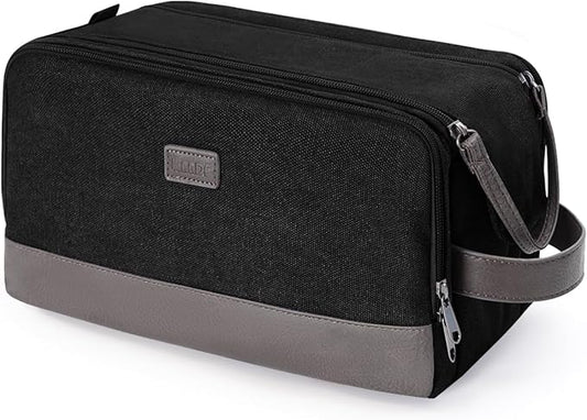 WANDF Toiletry Bag for Men Travel Toiletry Organizer Canvas and Leather Dopp Kit Water-Resistant Shaving Bag for Travel Accessories (Black, Large)