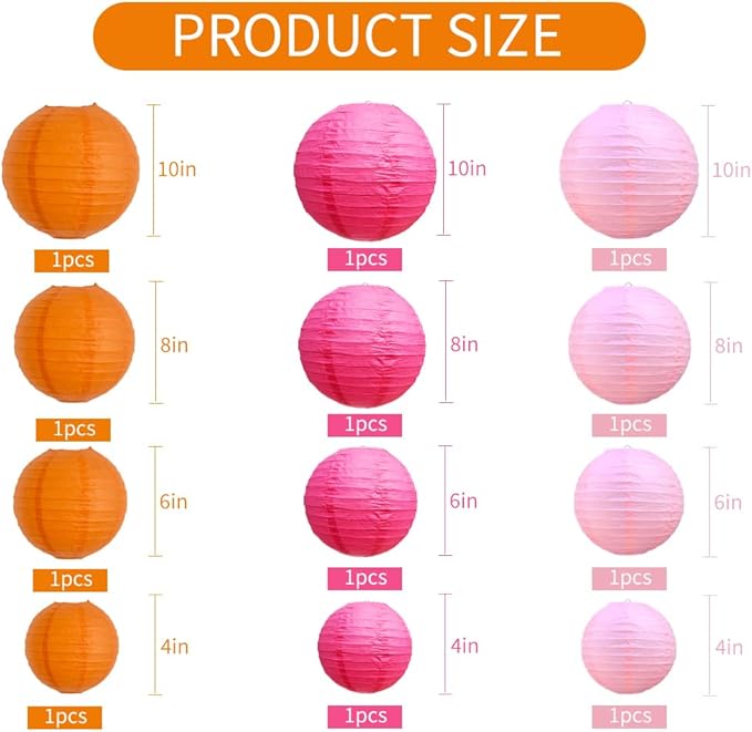 BEISHIDA 12Pcs Pink Orange Paper Lanterns Decorative Hanging Round Paper Lanterns Lamp for Birthday, Wedding,Bridal,Home Decor,Outdoor Decoration,Party Decoration