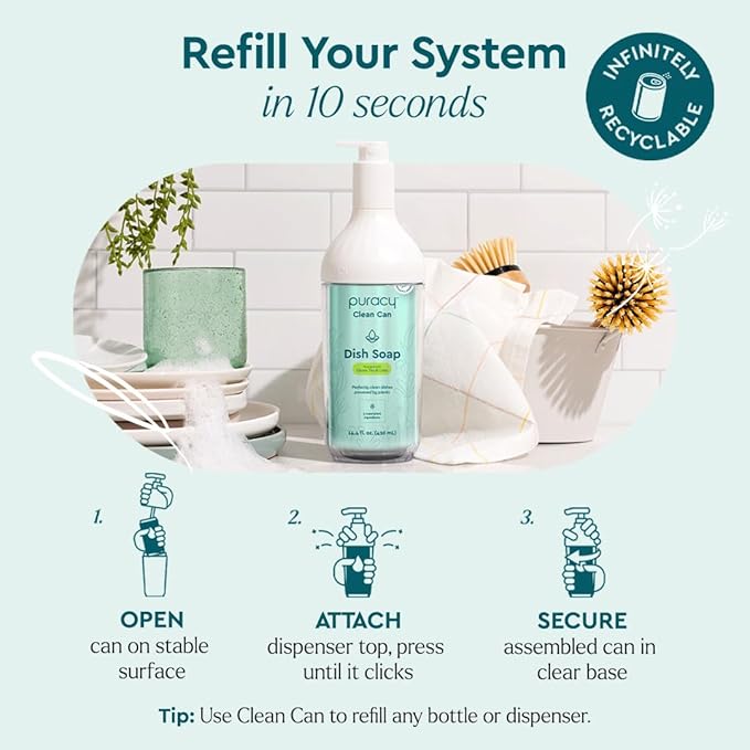 Puracy Natural Dish Soap Clean Can Refill - Plant-Based Dishwashing Soap, Non-Toxic Dish Soap, Natural Liquid Dishwashing Detergent Soap As Seen on TikTok (Green Tea & Lime, 14.4 fl oz, 3 Pack)