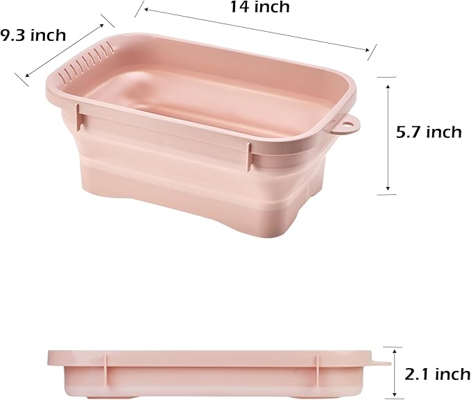 Collapsible Dish Pans, 2Gal (7.5L) Capacity, Plastic Dish Tub Dishpan for Kitchen Sink with Drainage Hole, Foldable Small Wash Basin for Kitchen, Camping, Travel (Pink)