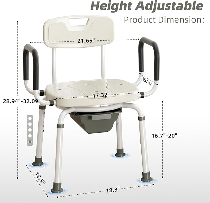 4 in 1 Bedside Commode for Seniors,Portable Toilet for Adults with Arms & Removable Bucket,Height Adjustable Commode Chair for Toilet，Swivel Shower Chair for Inside Shower for Handicapped, Adults