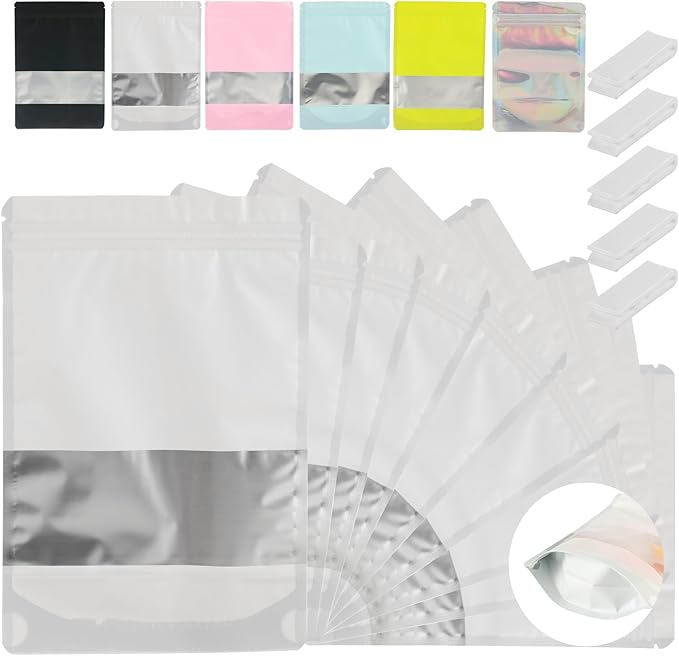 200 Pcs Mylar Bags for Food Storage 6x9 Mylar Bag with Window, Foil Stand Up Resealable Bags for Food, Smell Proof Bag Freeze Dried Candy Packaging Sealable Pouch Jewelry Bracelet Pouch White