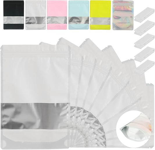 200 Pcs Mylar Bags for Food Storage 6x9 Mylar Bag with Window, Foil Stand Up Resealable Bags for Food, Smell Proof Bag Freeze Dried Candy Packaging Sealable Pouch Jewelry Bracelet Pouch White