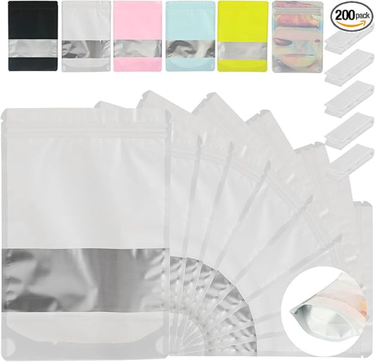 200 Pcs Mylar Bags for Food Storage 4x6 Mylar Bag with Window, Foil Stand Up Resealable Bags for Food, Smell Proof Bag Freeze Dried Candy Packaging Sealable Pouch Jewelry Bracelet Pouch White