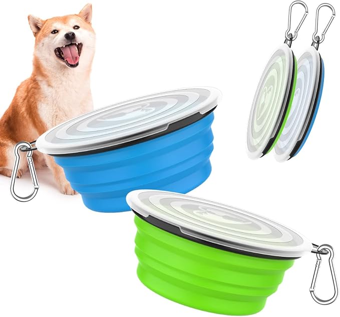 Pawaboo Collapsible Dog Bowls 2 Pack, Silicone Feeding Watering Bowls with Lids & Carabiners for Dogs Cats, Portable Water Feeder Food Bowl for Walking Traveling Home Use, 1000ml, Blue + Green