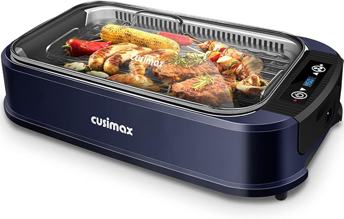 Indoor Grill CUSIMAX Electric Smokeless Grill Portable Korean BBQ Grill with Turbo Smoke Extractor Technology, Non-stick Removable Plate, Tempered Glass Lid, Great for Party(Single Plate)