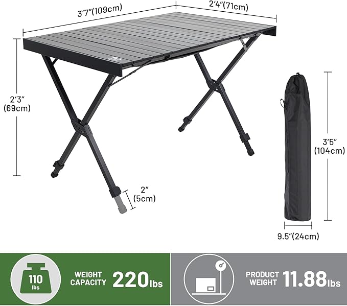 TIMBER RIDGE Folding Camping Table Adjustable Height, 4-6 Person Lightweight Aluminum Roll-up Table for Camping Outdoor Picnic BBQ Backyard Party Support 220 lbs, Black