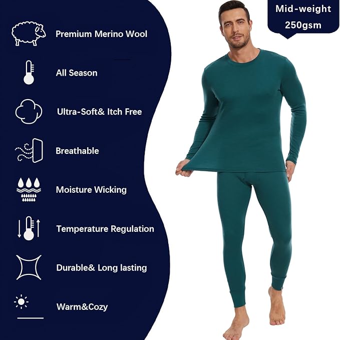 MERINNOVATION Merino Wool Base Layer Set for Men 100% Merino Wool Thermal Underwear Long Sleeve