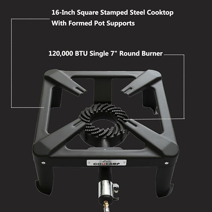 Propane Burner for Outdoor Cooking, 120,000 BTU Single 7" Round Burner, 16" Square Steel Cooktop！SA1730