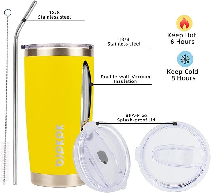 BJPKPK 20 oz Insulated Tumbler With Lid And Straw Stainless Steel Coffee Mug Tumbler Cups,Yellow