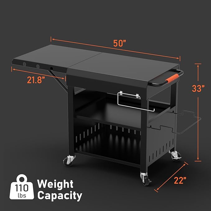 Outdoor Grill Table Cart for Blackstone 28"/36" Omnivore Griddle, 50" x 22“ Large Prep Station Grill Stand with Foldable Side Table for Blackstone 17”/22” Griddle, Ninja Woodfire, Ooni Pizza Oven