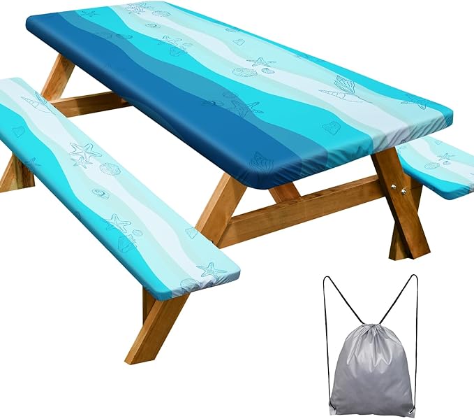 Picnic Table Cover with Bench Covers Camping Essentials Waterproof Windproof Camping Tablecloth with Drawstring Bag, Fitted Rectangle Tables and Seats, 72in, Sky Blue