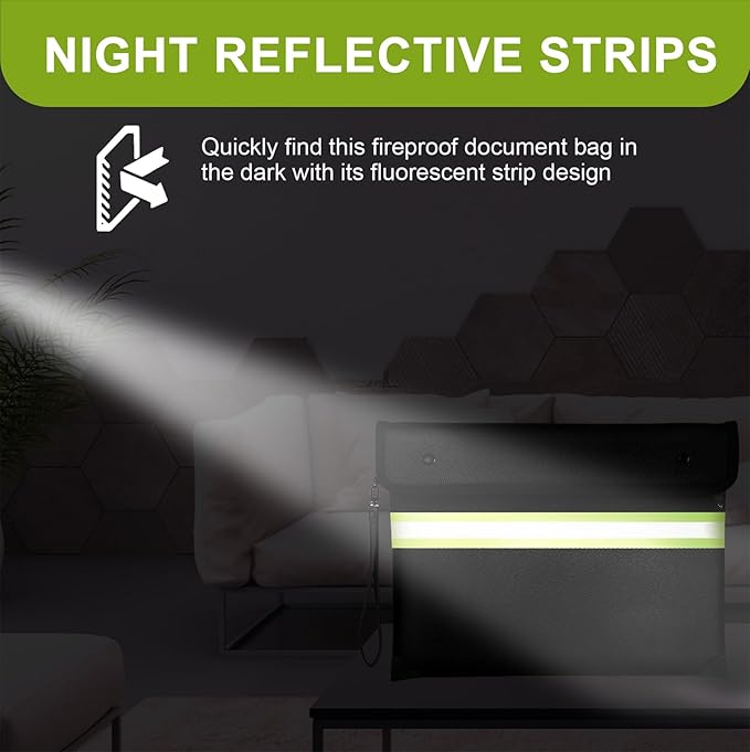 6500°F Fireproof Document Bag with Lock,2025 Upgraded Fireproof/Waterproof Money Bag with Zipper/Reflective Strip,Storage Pouch for A4 Letter Size Document,Cash,Cell Phone,Passport