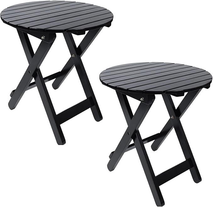 Outdoor Patio Side Table Set of 2 Small Folding Wood Round End Table Coffee Furniture for Living Room, Bedroom, Plant Stand, Camping Portable Black