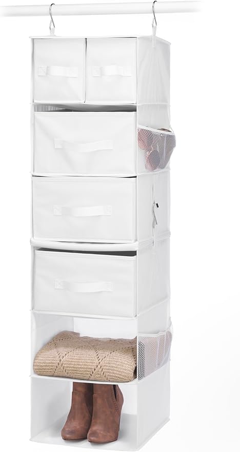 Whitmor Multi-Functional Hanging Organizer with Drawer Inserts- 5 Section - Closet Organizer - White