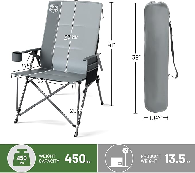 TIMBER RIDGE Oversized Camping Chair with Lumbar Support, Portable Folding Chair Heavy Duty for Adults Supports 450 LBS for Outdoor Camping, Lawn, with High Back, Cup Holder, Side Pocket - Grey