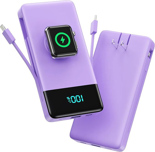 Portable Charger for iPhone with Built in Cables & Wall Plug,6-in-1 10800mah Power Bank with iWatch Charger,22.5W PD Fast Charging LCD Display Battery Pack for iPhone 16/15,Android,Apple Watch-Purple