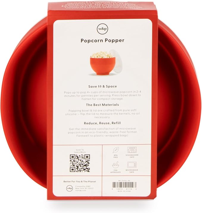 W&P Microwave Silicone Popper Maker | Red | Collapsible Bowl w/Built in Measuring, BPA, Eco-Friendly, Waste Free, 9.3 Cups of Popped Popcorn