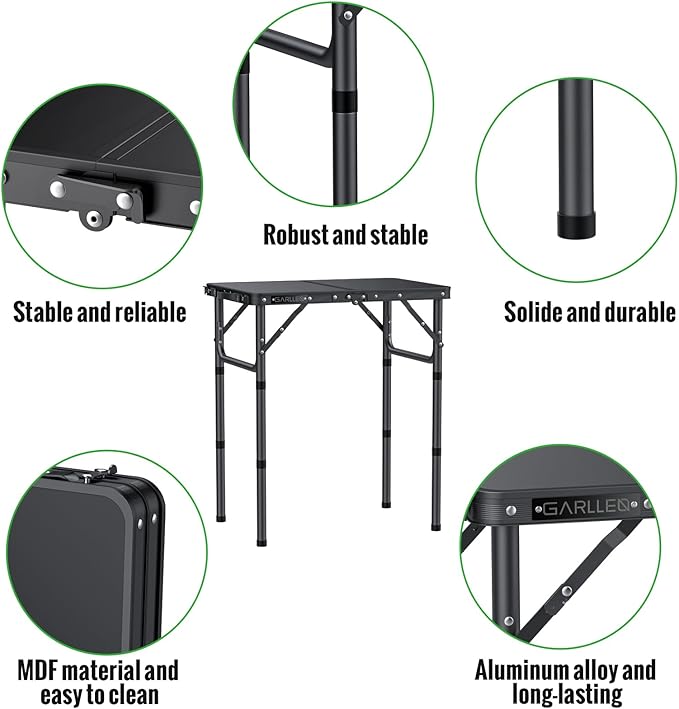 GARLLEN 2ft Folding Camping Table, 3 Adjustable Height Lightweight Picnic Table, Portable Aluminum Grill Table (22.8" L x 15.7" W) for Outdoor, Camping, BBQ, Black