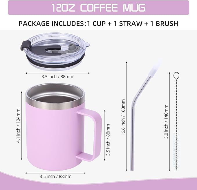 Volhoply 12oz Insulated Leakproof Coffee Mug with Flip & Straw Lid Bulk 8 Pack,Double Wall Vacuum Stainless Steel Travel Tumbler Cup with Handle,Reusable Camping Keep Cold/Hot(Purple,8 Set)