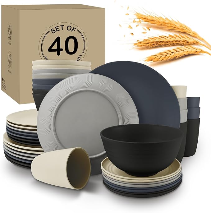 40Pack plates and bowls sets for dinner - Unbreakable wheat straw dinnerware sets service for 8 - Alternative plastic 40pcs dish sets for camping,picnic and R.V. - (Black & Grey)