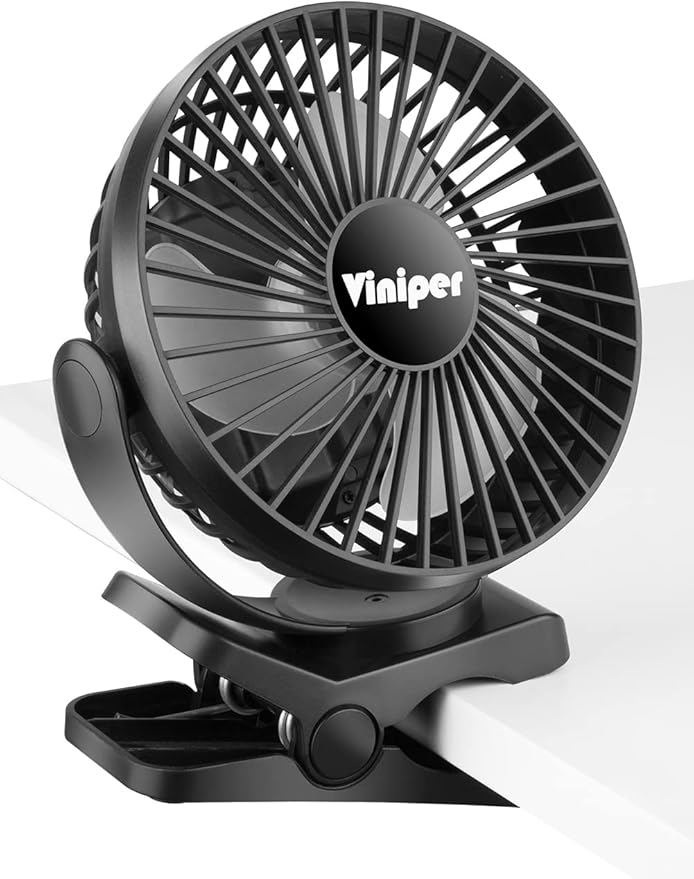 Viniper 6 inch Rechargeable Clip on Fan, 5000mah Battery Desk Fan : 360° Rotation & 3 Speeds Strong Wind Portable Fan, 8-30 Working Hours, Quiet and Powerful (Black)