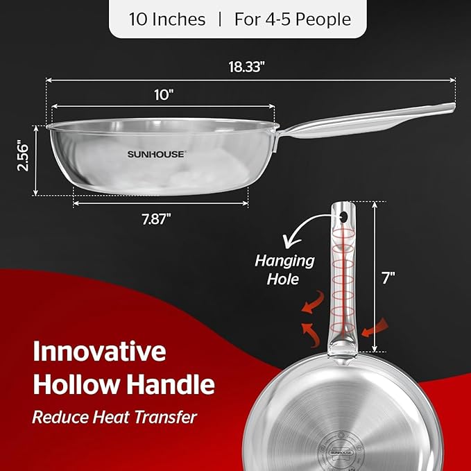Sunhouse 18/10 10 Inch Stainless Steel Frying Pan, Whole-Clad No Coatings Skillet with Stay-cool Handle for Cooking, Durable & Oven Safe to 500°F, Dishwasher Safe, Compatible with All Cooktops