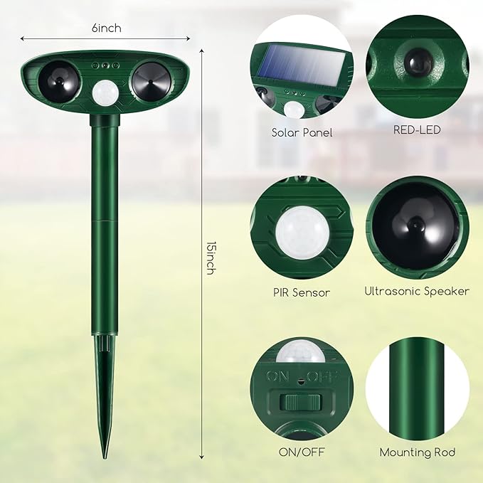 4 Pack Deer Repellent Devices,Ultrasonic Animal Repeller Outdoor Waterproof with Motion Sensor,Effective Solar Animal Deterrent to Scare Cat Dog Squirrel Rabbit Raccoon Skunk Repellent for Yard Garden