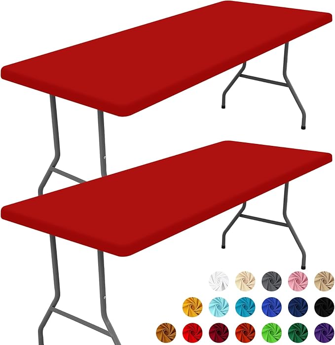 Spandex Picnic Table Cloth 2 Pack, Elastic Fitted Tablecloths for 4 Foot Rectangle Tables, Stretch Washable Patio Table Cover for Camping, Christmas & New Year Parties (Red, 30"x48")