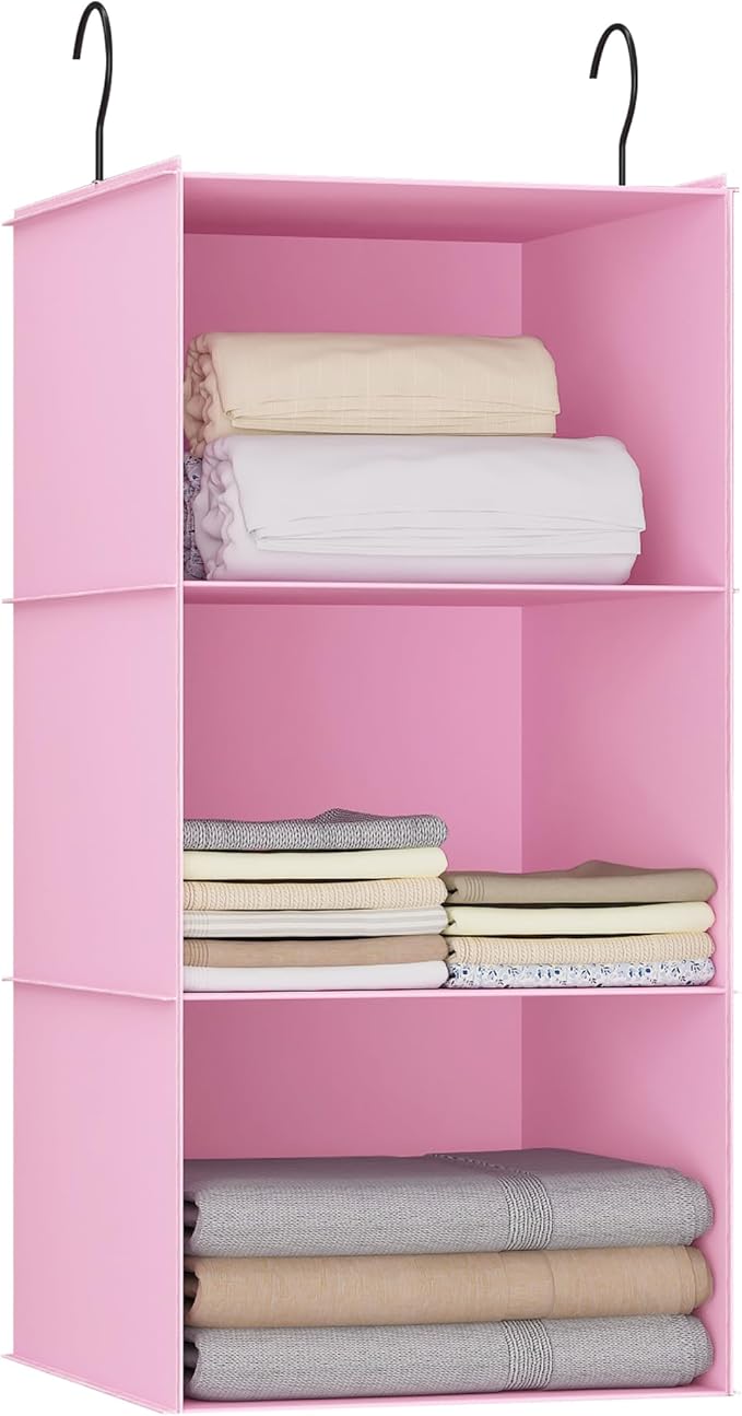 Hanging Closet Organizer and Storage 3-Shelf, Easy Mount Foldable Hanging Closet Wardrobe Storage Shelves, Clothes Handbag Shoes Accessories Storage, Washable Oxford Cloth Fabric, Pink