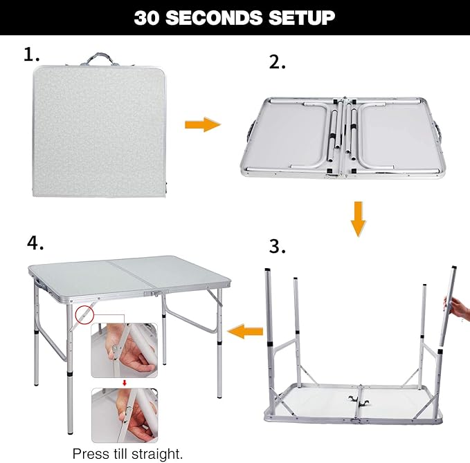 REDCAMP Aluminum Camping Table 3 Foot, Portable Folding Table Adjustable Height Lightweight for Picnic Beach Outdoor Indoor, White 36 x 24 inch