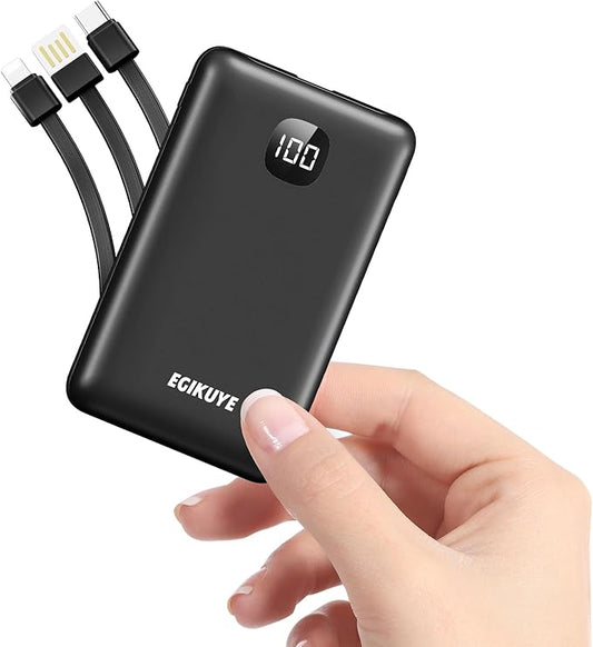 Portable Charger 10000mAh Power Bank with Digital Display, External Battery Pack with Built-in Cables, Ultra-Compact USB-C in&Out Travel Essential for iPhone, Android, Samsung etc