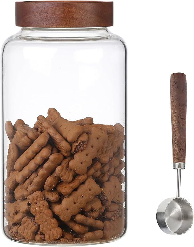 Large Glass Coffee Jars with Spoon,Round Storage Canister with Wooden Lid Clear Glass Food Jar for Pantry Sugar Tea Coffee Bean Spice Nuts Cookies Bath Salts (2300ml/77oz)