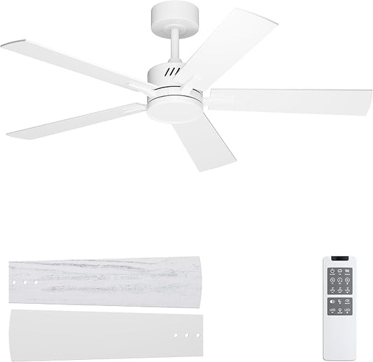 Ohniyou 48'' Ceiling Fans with Lights and Remote, 6 Speeds, 3 Colors & Dimmable LED Light, Silent DC Motor White Ceiling Fan for Living Room, Bedroom