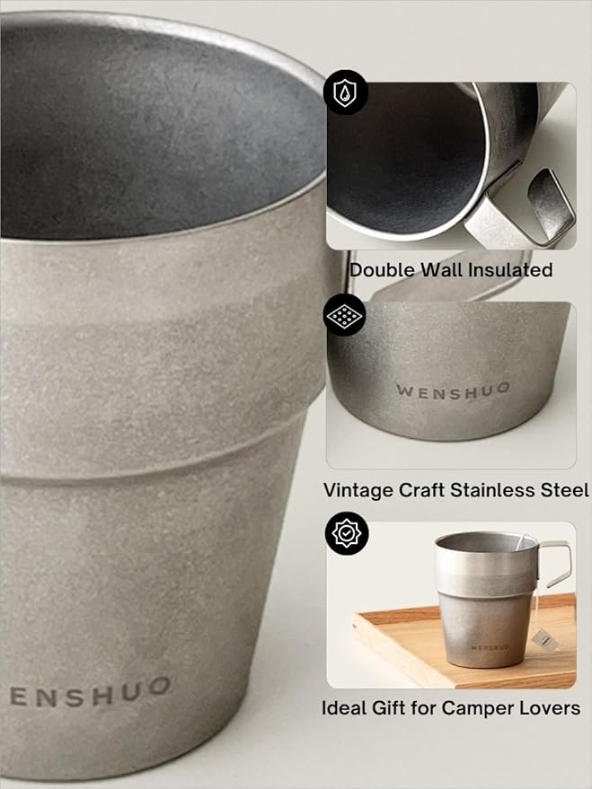 WENSHUO Outdoor Mug,Double Wall Insulated Small Camping Cup,Vintage Stainless Steel,11 fl oz (325 ml)