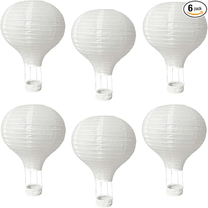 (6 Packs) 12-Inch White Paper Lanterns Decorative Chinese/Japanese Hanging Round Paper Lanterns Lamp for Birthday, Wedding, Christmas Xmas, Bridal, Home Decor, Party Decoration (hot air balloon)