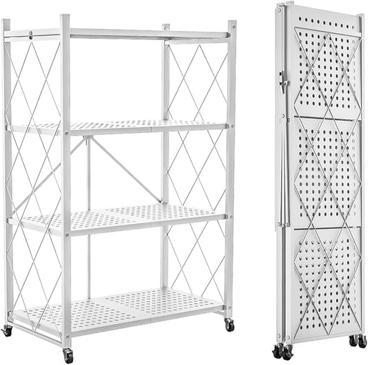 4-Tier Foldable Storage Shelf with Wheels - Metal Rack Collapsible Shelving Unit Display, Rolling Cart for Books Kitchen Storage Shelves, Pantry & Closet Organizer, Office Room Decor