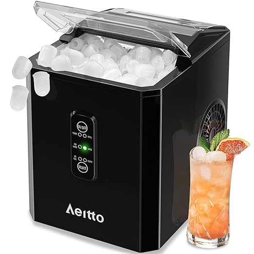 Aeitto Ice Makers Countertop, 9 Ice Cubes Release in 6 Mins, 26Lbs/24H, 2 Sizes of Bullet Ice Machine,Self-Cleaning Portable Ice Maker with Ice Scoop and Basket for Home Kitchen Office RV Bar, Black