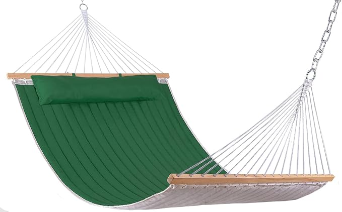 Lazy Daze Hammocks 12 FT Double Quilted Hammock with Spreader Bars and Pillow, 2 Person Hammock for Outdoor Patio Backyard Poolside, 450 LBS Weight Capacity, Dark Green/Natural
