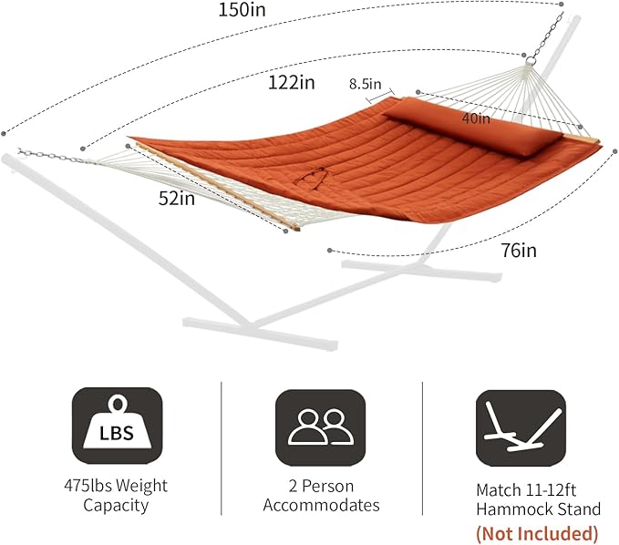 Outdoor Double Hammock with Hardwood Spreader Bars, Large Rope Hammock with Polyester Pad and Pillow, 475 LBS Capacity for 2 Person Patio Backyard Poolside - Terracotta