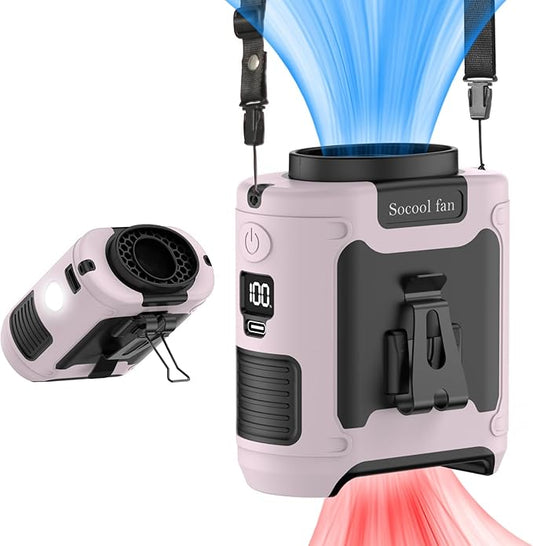Socool 10000mAh Portable Waist Fan Clip on Wearable Belt Personal Fan Rechargeable Battery Operated With 5 Speeds & Flashlight Neck Hands-Free 40H Cooling For Outdoor Travel Camping Power Bank (Pink)