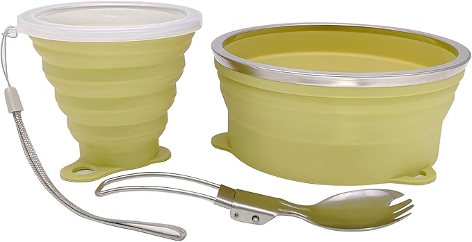 Mess Kit for Camping Silicone Collapsible Bowl Collapsible Cup and Stainless Steel Spoon for Backpacking Outdoor Hiking Traveling and Picnic