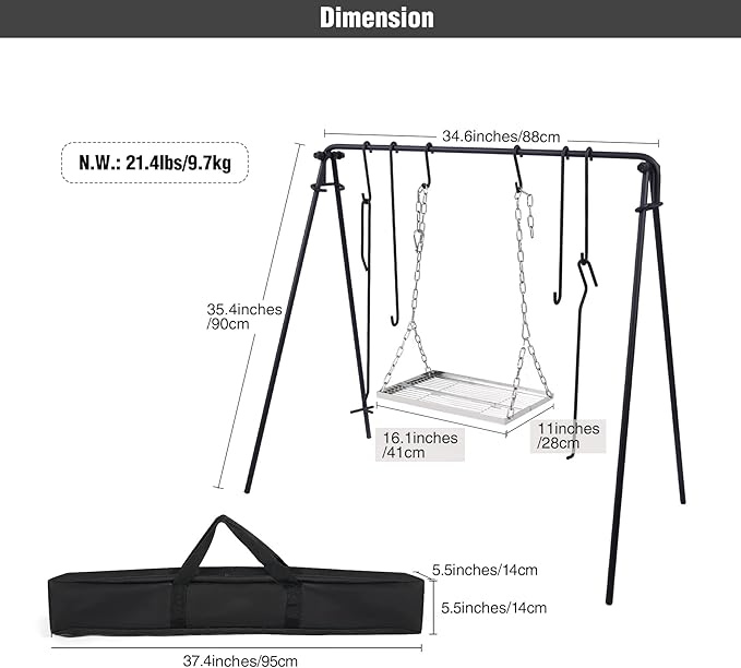 Lineslife Grill Swing Campfire Cooking Stand with Adjusatble Stainless Steel Grill Grate, Collapsible BBQ Grill with Hooks and Accessories for Outdoor Camping Cookware & Dutch Oven
