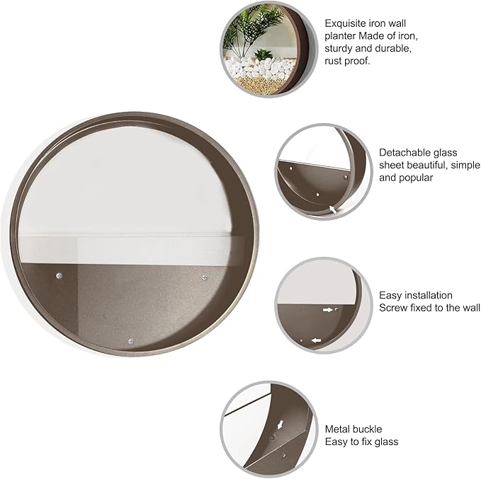 3 Pack Set Wall Planters,Modern Round Glass Wall Planter Succulent Planter Circle Iron Hanging Planter Vase for Herb,Small Cactus Perfect for Balcony, Room and Patio Decor (Coffee)