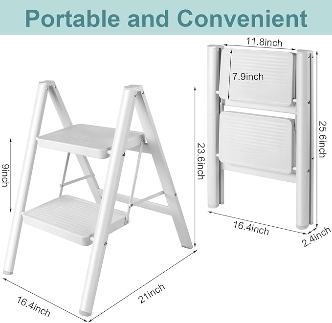 Upgraded 2 Step Ladder, 330 lbs Folding Aluminum Step Stool with Wide Anti-Slip Pedals, Lightweight & Portable Ladder for Kitchen, Closet, Office, Home Use - White