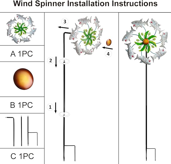 Shark Outdoor Wind Spinners - 39" Ocean-Themed Metal Wind Sculptures Garden Stake Art, 13.5” Windmill Yard Kinetic, Outdoor Decor for Patio & Lawn - Metal Beach Sculpture with Shark Design